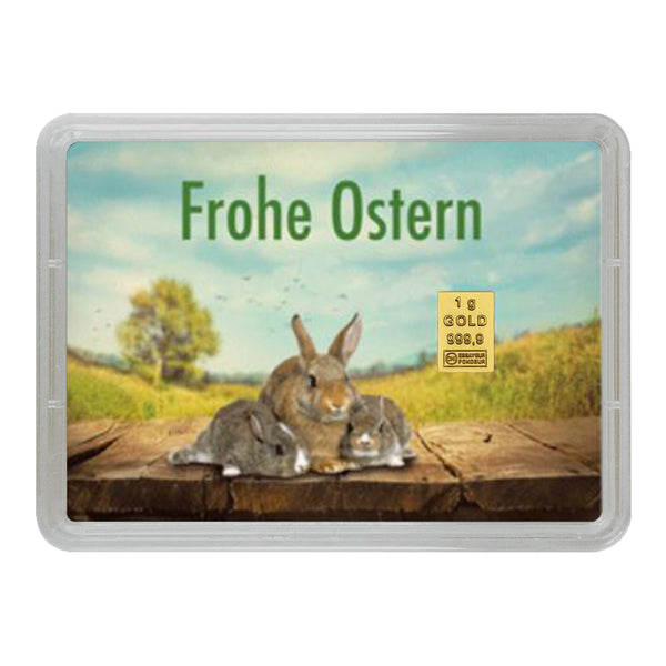 Goldbarren 1g Flip-Motivbox "Frohe Ostern" - Drei Hasen