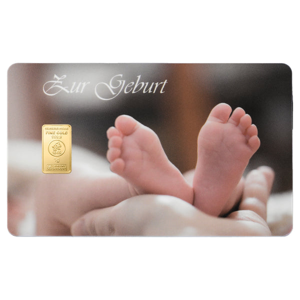 Goldbarren 1g auf hochwertiger Motivkarte "Zur Geburt"