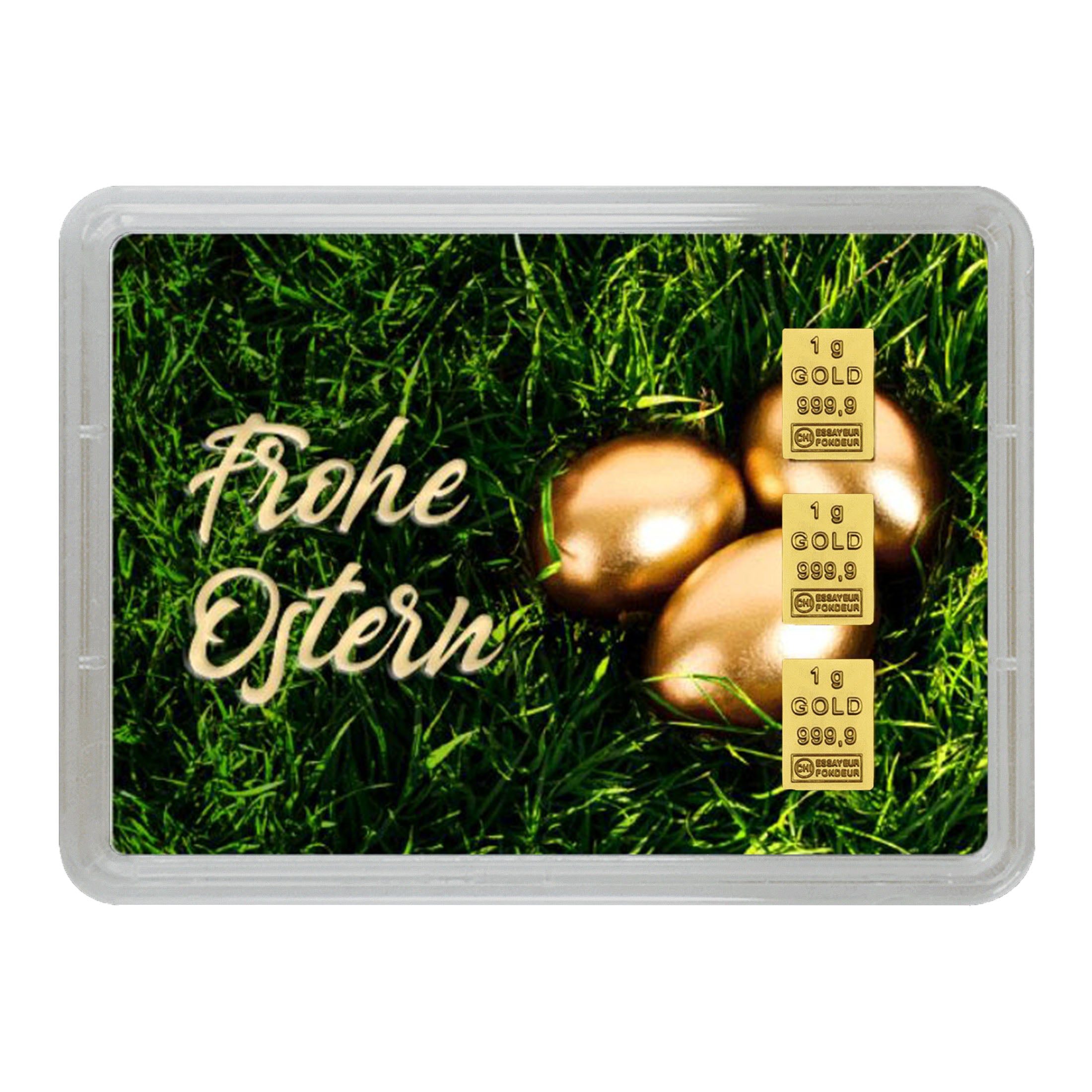 Goldbarren Flip-Motivbox "Frohe Ostern" - Hase auf Wiese