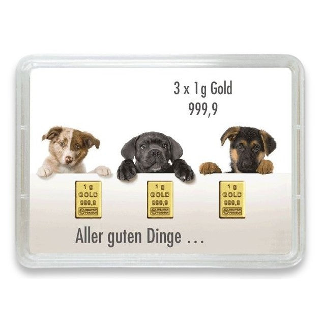 Goldbarren 3g mit Flip-Motivbox "Aller guten Dinge sind Drei" Hunde