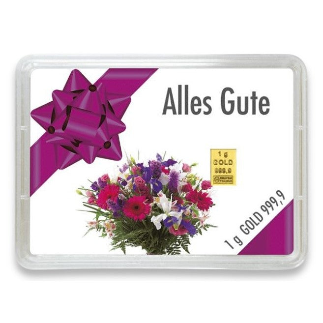 Goldbarren 1g mit Flip-Motivbox "Alles Gute"