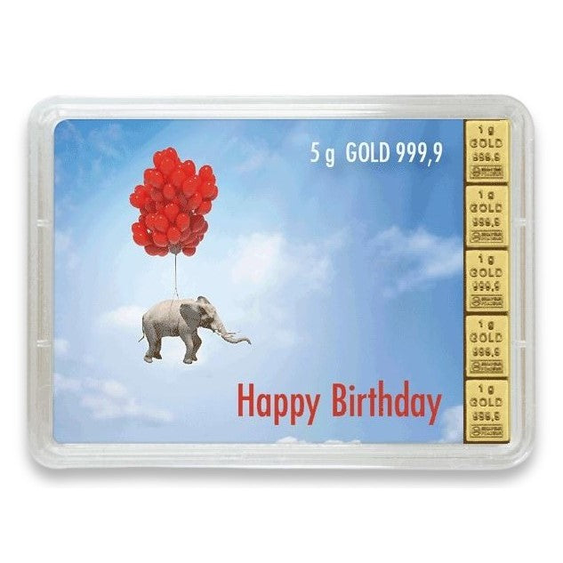 Goldbarren mit Flip-Motivbox "Happy Birthday" Elefant