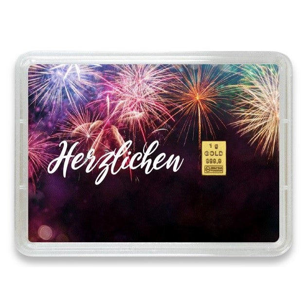 Goldbarren mit Flip-Motivbox "Herzlichen Glückwunsch"