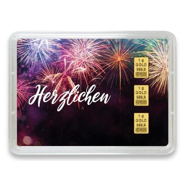 Goldbarren mit Flip-Motivbox "Herzlichen Glückwunsch"