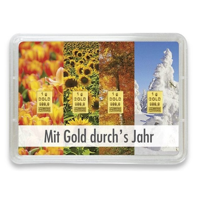 Goldbarren 4g mit Flip-Motivbox "Mit Gold durch´s Jahr" Jahreszeiten