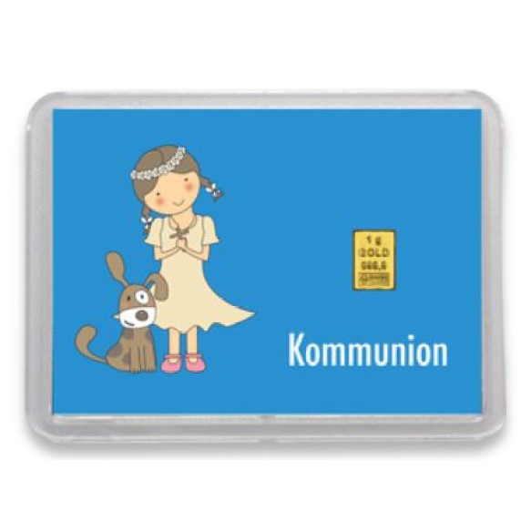 Goldbarren 1g mit Flip-Motivbox "Zur heiligen Kommunion" Junge + Mädchen