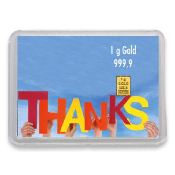 Goldbarren 1g mit Flip-Motivbox "Danke - Thanks"