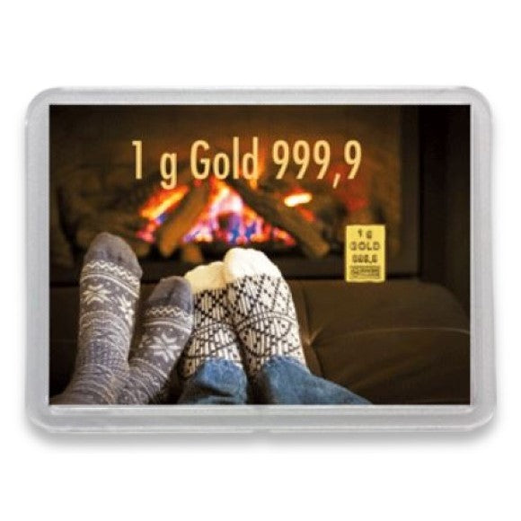 Goldbarren 1g mit Flip-Motivbox "Gold statt Socken"