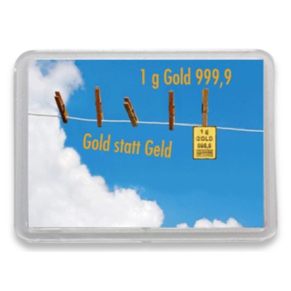 Goldbarren 1g mit Flip-Motivbox "Gold statt Geld" Wäscheleine
