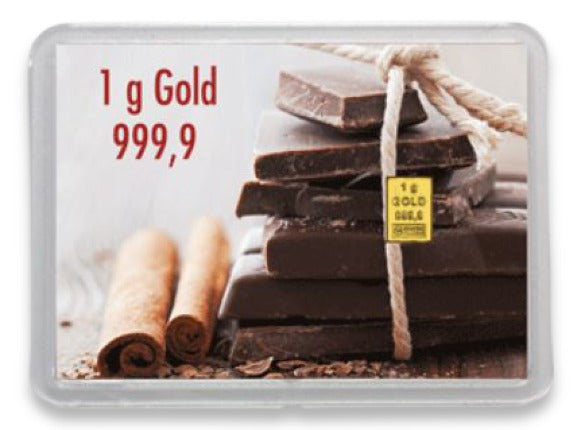 Goldbarren 1g mit Flip-Motivbox "Gold statt Schokolade"