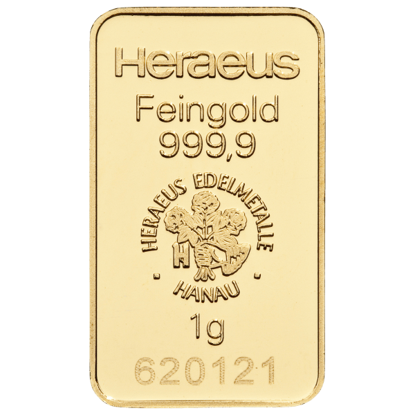 Heraeus 1g Goldbarren im edlen Etui und Grußkarte nach Wahl