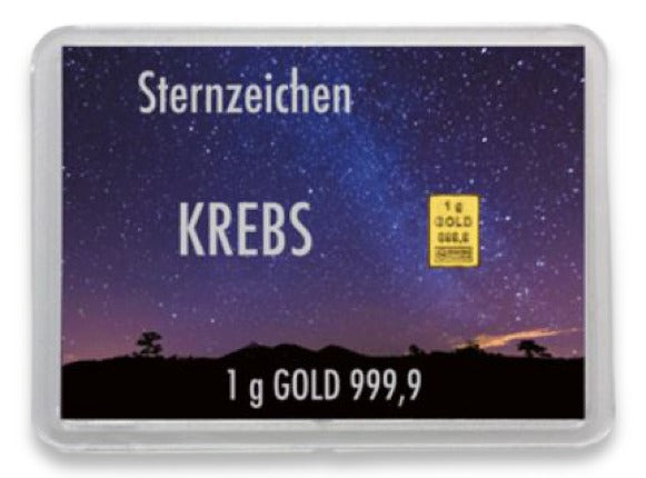 Goldbarren 1g mit Flip-Motivbox Sternzeichen "Krebs"