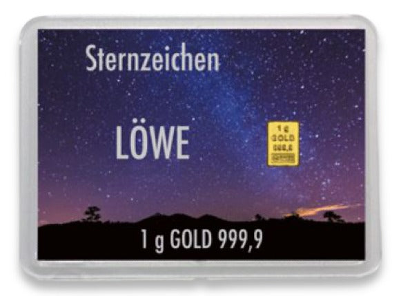 Goldbarren 1g mit Flip-Motivbox Sternzeichen "Löwe"