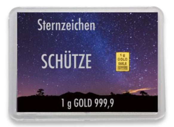 Goldbarren 1g mit Flip-Motivbox Sternzeichen "Schütze"