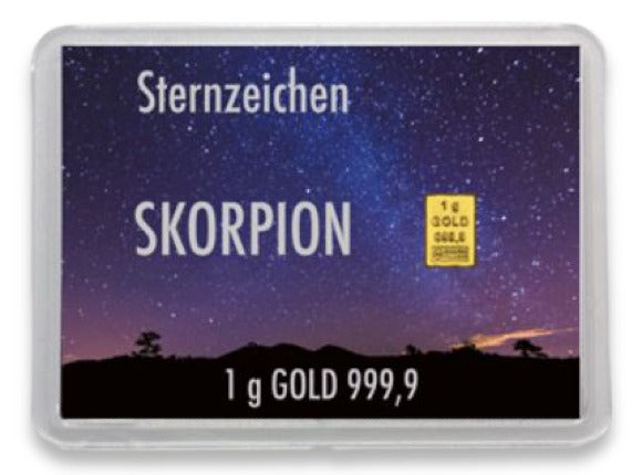 Goldbarren 1g mit Flip-Motivbox Sternzeichen "Skorpion"