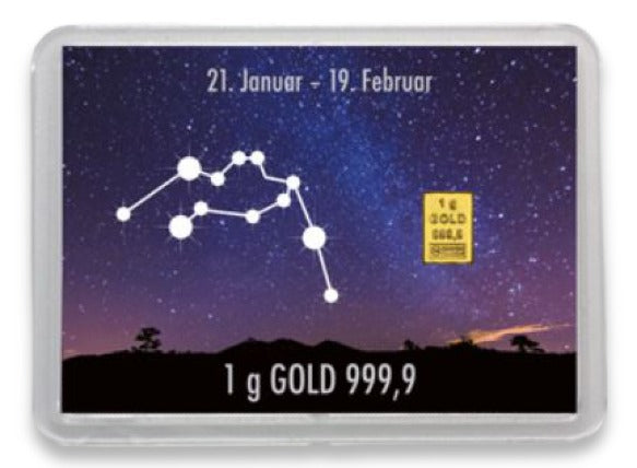 Goldbarren 1g mit Flip-Motivbox Sternzeichen "Wassermann"