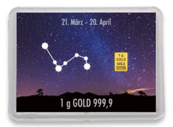 Goldbarren 1g mit Flip-Motivbox Sternzeichen "Widder"