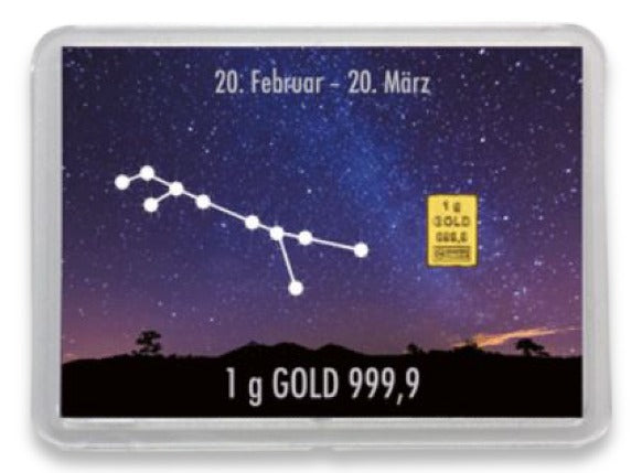 Goldbarren 1g mit Flip-Motivbox Sternzeichen "Fische"