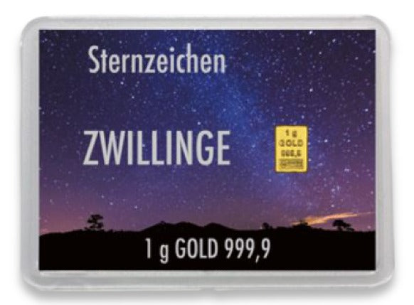 Goldbarren 1g mit Flip-Motivbox Sternzeichen "Zwilling"